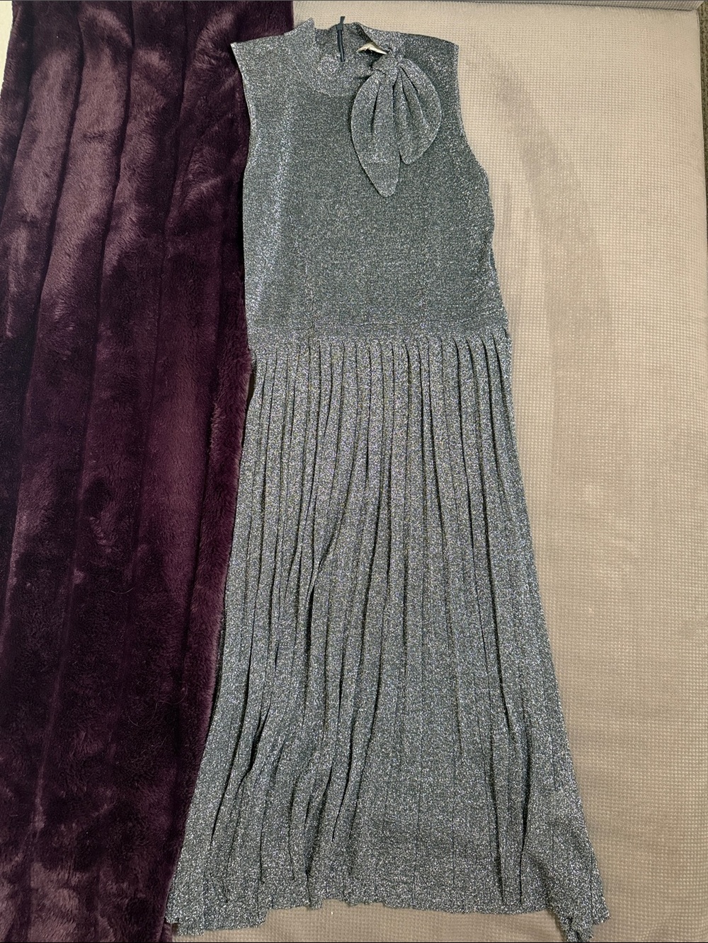 Kate Spade Metallic Silver Bow Neck Pleated Midi Dress M